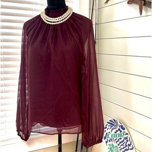 NWT Joie(MSRP $278),Softly Ruffled Blouse, Rich Wine,Sheer Sleeves & Over-Lay,XL